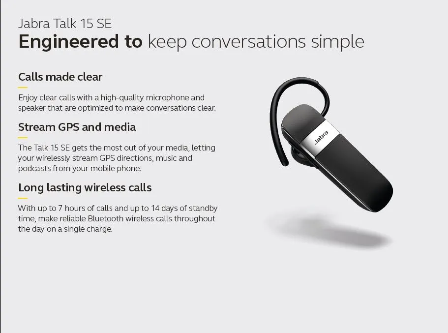 Jabra Talk 15 / Talk 15 SE Wireless Mono Bluetooth Headset - Black