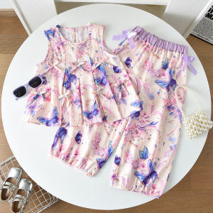 Bear Leader Kids Outfits for Girls Clothing Sets Summer Lace Bow Butterfly Print Vest Tops and Purple Pants 2 Pieces Suits Baby Girls Clothes 3 to 7 Years Costumes