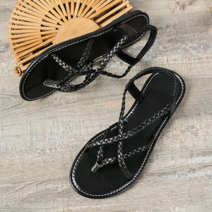 [Free Shipping] Solid Color Woven Strap Flat Roman Sandals For Women Beach Sandals For Women Rhinestone Roman Sandals For Women Gold Color