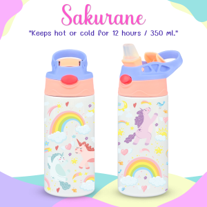 Sakurane แก้วน้ำเด็กสแตนเลส ขนาด 350ml. (12oz) ฝากดหลอดเด้ง ขวดอนุบาล สำหรับไปโรงเรียน กระบอกน้ำเด็ก