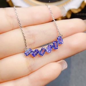 S925 Sterling Silver Natural Tanzanite Necklace3*5mm Baguette Gemstone Bar Pendant Minimalist Jewelry Gift for Women