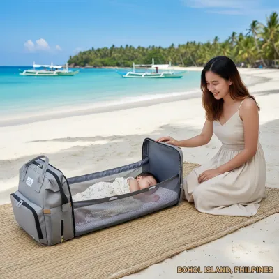 Compact Multi-Compartment Diaper Bag with Portable Baby Bed/Crib - Oxford Cloth Mommy Travel Backpack