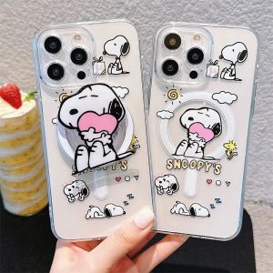 💯【เคสโทรศัพท์】 + Gratis Ongkir💯เคสแม่เหล็กดูดอะนิเมะ Kawaii Snoopy เหมาะสำหรับ iPhone 11 12 13 14 15 16 Pro Max 16 15 14 Plus เคสนิ่มโปร่งใสโทรศัพท์มือถือพร้อมตัวยึด