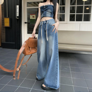 Plus-Size Vintage American Drawstring Wide-Leg Jeans for Women – High-Waisted Loose Fit Straight Cut Floor-Length and Flattering