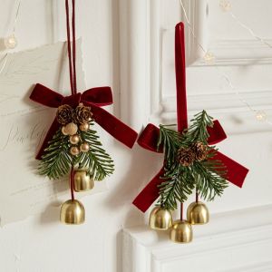 ESFDGL Hanging Christmas Velvet Bow Bell Red Metal Pine Cone Bell Pendant Creative Crisp Sound Christmas Chime Bell Christmas Tree Decorations