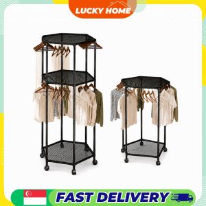 【Lucky Home】 360 Rotating Clothes Drying Rack Mobile Garment Organizer with Mesh Shelves Wheels for Bedroom Balcony