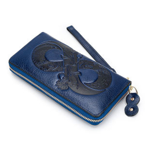 Chinese Style Oil Wax Cowhide Zipper Long Wallet
