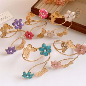 JPTD Iron Flower Butterfly Arm Cuff Pearl Twist Line Wide Open Arm Cuff Fashion Exaggerated Bohemian Bracelet Girls