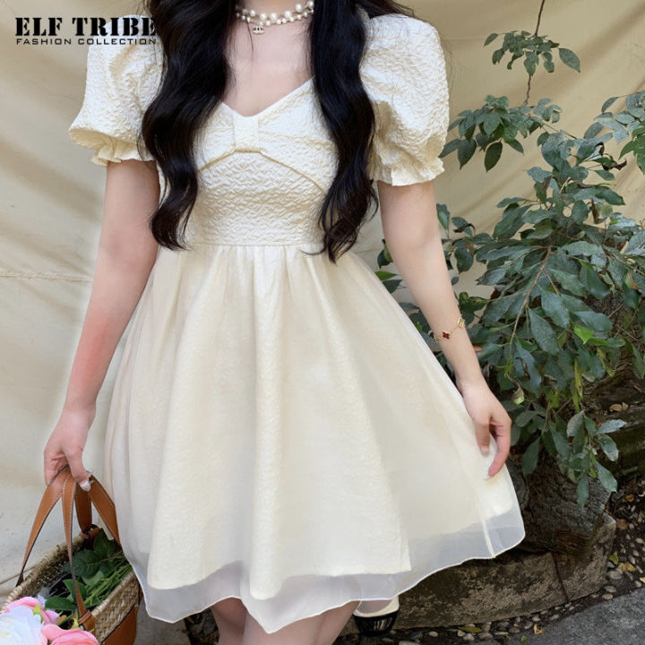 ELF TRIBE French Retro V Neck Bubble Short Sleeve Sweet Princess Dress for  Women Light Yellow A-Line Mini Dress Casual Plus Size Women'S Dress -  Lazada | Lazada