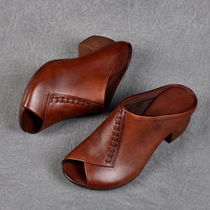 Summer 2025 Retro Chunky Heel Open-Toe Mules Mid-Heel Soft Leather Shoes For Mothers Comfortable And Breathable Footwear