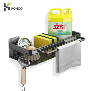 Konco Wall Mounted sink Storage Rack with Towel Rack Sponge Drain Racks Alumimum Rag Adhesive Bathroom Soap Holder drainer