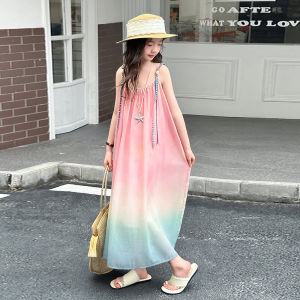 French Style Kids Designer Luxury Pink Gradient Beach Dress for Girls Elegant Vintage Vacation Clothing Child Sleeveless Dresses h260702