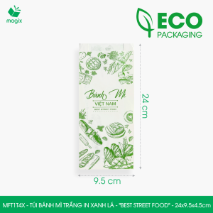 MFT1T4X - 24x9.5x4.5 cm - 500 Túi bánh mì Trắng in sẵn họa tiết BEST STREET FOOD - Bao bánh mì Túi giấy thực phẩm an toàn