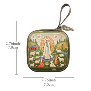 VERMILL 7x7cm Prayer Rosary Storage Bag Zippered Virgin Mary Christian Jewelry Box Portable Cartoon Prayer Kit Devotees