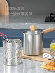 304 Stainless Steel Deep Fryer Pot with Lid and Frying BasketHousehold Kitchen Frying Pan Non-stick