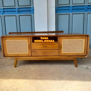 rak tv minimalis retro kayu jati mix rotan meja tv rotan jati mebel jepara