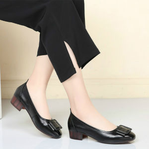 Women Genuine Leather Pumps Lady Black Chunky Heel Shoes Female Classic Dress Shoes