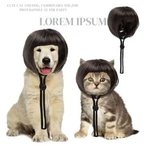 OUTOPEN with Bangs Pet Bob Wig Adjustable Fit Exposed Ear Design Wigs For Dogs Skin-friendly Comfortable To Wear Cat Fake Hair Halloween Celebration