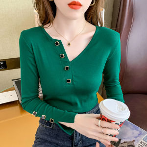 Yimei Áo Thun Dài Tay đỏ phong cách cổ điển Pháp Áo Cotton Cổ Chữ V bất đối xứng dáng ôm mới 2023 mùa xuân và mùa thu