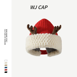 【WJ】Atmosphere Red Christmas Cute Deer Horn Plush Knitted Hat Womens Winter Cold and Warm Korean Edition Woolen Hat Tide
