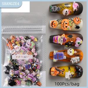 【SHANGZE4】 50 100pcs Kawaii Halloween Nail Charms phim hoạt hình bí ngô ma mèo hỗn hợp có kích thước đồ trang trí nhựa dễ thương Spider Web BAT Nail trang trí