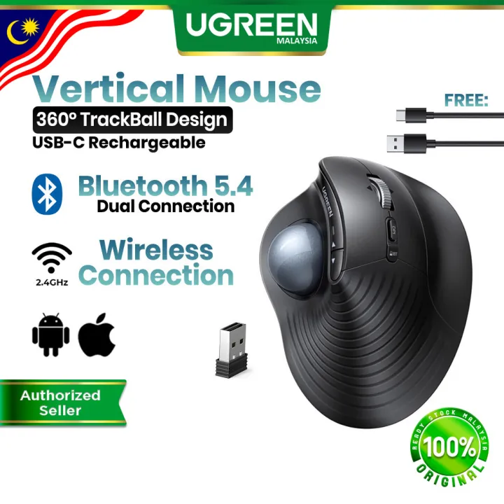 UGREEN Vertical Trackball Mouse 2.4G Ergonomic Wireless USB-C Rechargeable 4000DPI Silent Click for laptop PC Windows MacOS