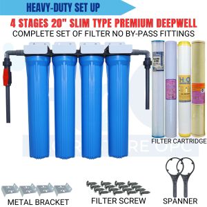 Water Filter 4 Stages 20" Slim Type Premium Deepwell No Bypass Fittings Complete Set up