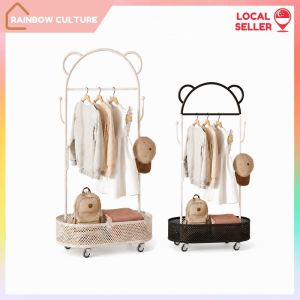 【Rainbow Culture】 YANASO Mobile Clothes Rack Bear Ear Garment Stand Storage Basket Hooks Brake Casters Kids Adult