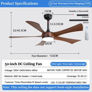 GEERLI 52 Inch 5 Blade Ceiling Fan with Light White and Light Wood Finish Pure Copper DC Motor 35W 6 Speeds 3 Colour LED with Adjustable CCT 3000K-6000K Remote Control 5 Year Warranty Energy Saving and Quiet Operation Bedroom and Living Room