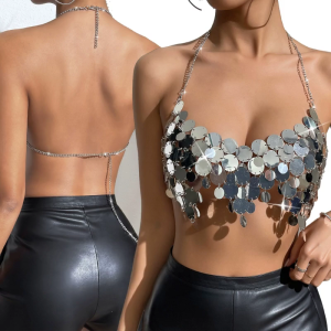 Sparkly Metallic Sequins Tassels Halter Bikinis Bras Crop Top for Women Party Nightclub Body Chain Jewelry Accessories