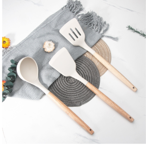 3PCS White Silicone Kitchenware Cooking Utensils Set Wooden Handle Non-Stick Spatula