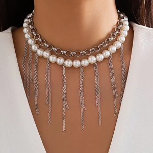 Cổ điển ngọc trai giả Choker hai lớp dây chuyền chạm xương quai xanh Vòng Cổ Tua Rua đai cổ thời trang vòng cổ khí chất