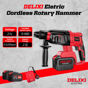 DELIXI 21V Cordless Rotary Hammer Drill 2.0J | 0-980RPM | 0-6200BPM | With 2 Batteries + Charger + Tool Box