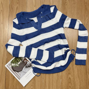 Atasan Rajut BerKerah Polo Tali Salur Lengan Panjang - Vneck Top Blouse Stripe - Polo T-Shirt Atasan Wanita Korean Style Tebal