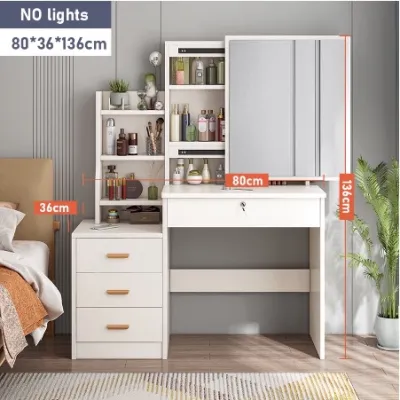Meja Rias LED Putih Kaca Geser Minimalis Meja Dandan Modern dengan Laci dan Rak Penyimpanan Serbaguna