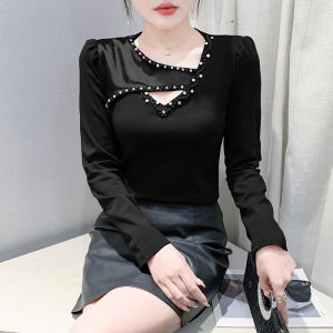 YIMEI เสื้อยืดลูกปัดเล็บคอวีสำหรับผู้หญิงเสื้อแฟชั่นกลวงแหวกแนวสำหรับฤดูใบไม้ผลิ2025เสื้อสีม่วงผ้าฝ้ายแขนยาวสำหรับผู้หญิง