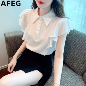 AFEG solid color Korean version lapel fashion loose temperament chiffon lotus sleeve blouse for women