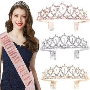 CRUSHES 2Pcs/Set Glitter Birthday Party Crown Sash Gold Bling Rhinestone Birthday Tiara  Silver Crystal Crown Party