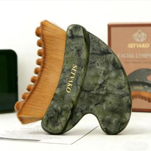 Lymphatic Contour Face Brush Dual-Ended Dry Brush + Cool-Touch Jade Gua Sha Edge 0.075mm Ultra-Soft Bristles Gua Sha Facial Tools for Lymphatic Drainage Less Puffy Look Sculpt & Relax