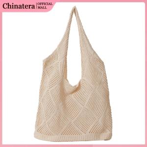 Women Casual Beach Bag Solid Color Mesh Knit Ladies Woven Handbag Retro Hollow Fashion Handbag for Shopping Trip Summer Holiday Bags