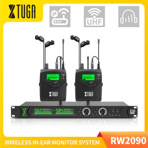 XTUGA RW2090 UHF Wireless In Ear Monitor System SR2050 Type 2 Channel Transmitter With 2 Bodypack Receiver Support Bluetooth/USB Playback Professional Used for DJ Concert Stage Performance Music Monitoring