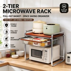 Microwave Oven Rack With Pull-Out Basket 2 Tier Kitchen Countertop Storage Shelf Heavy Duty Kitchen Organiser