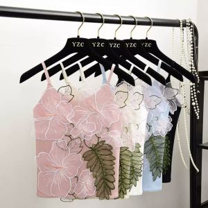 ใหม่เข้าได้หลายชุดสไตล์เกาหลีอ่อนหวานดอกไม้ปักVคอเสื้อกั๊กน้ํา สําหรับฤดูร้อนเฟรชชี่สลิมผ้ากํามะหยี่เส้นด้ายถักสายเดี่ยว