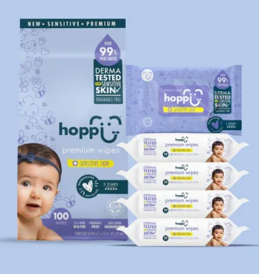 Hoppi 99% Premium Water Baby Wipes For Sensitive Skin 100s (5 x 20s) - New Packaging