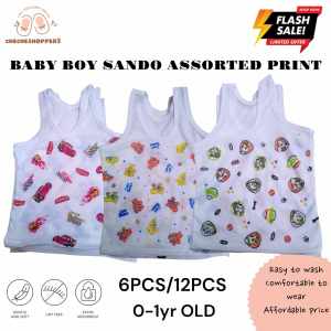 6PCS/12PCS BABY BOY ASSORTED PRINT SANDO WHITE 0-12months for Newborn baby boy comfy clothes assorted designs/SOFT FABRIC AND COMFORTABLE TO WEAR MOTHER CHOICE