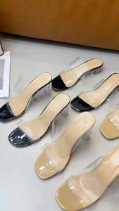 [Free Shipping] Summer high-heeled transparent sandals with chunky heels for outdoor wear crystal heel half-slippers for women