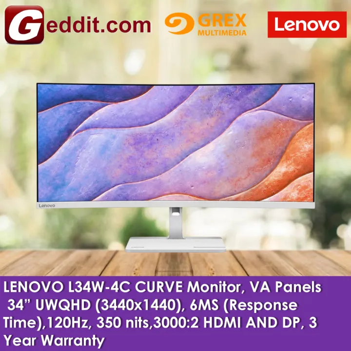 LENOVO L34W-4C CURVE MONITOR (34" UWQHD,120Hz,350 NITS,6MS, VA PANEL,HDMI AND DP PORT) 3 YEAR WARRANTY - 68F0GAC3MY