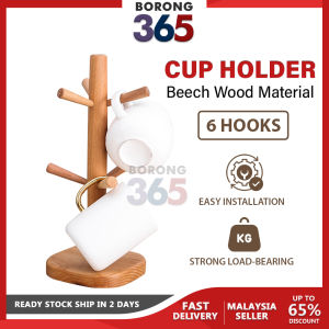 Borong365 Wooden Cup Holder 6 Hook Mug Hanger Countertop Organizer Stand Mug Holder Cup Rack Penyangkut Cawan 置杯架