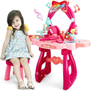 Make Up Desk Playset Toddler Vanity Toys for Girls Kids Vanity Set with Chair Pretend Play Princess Toy Makeup Table