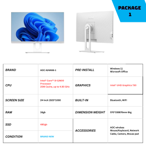 AOC A24A66-1 AIO All in One Desktop PC Computer 24 inch PC Full Set Intel Core i3 12th/13th Generation processor 16G RAM 1TB SSD Built-in bluetooth、WiFi、speaker For Home/Office/Gaming 1920*1080 Large IPS FHD Monitor